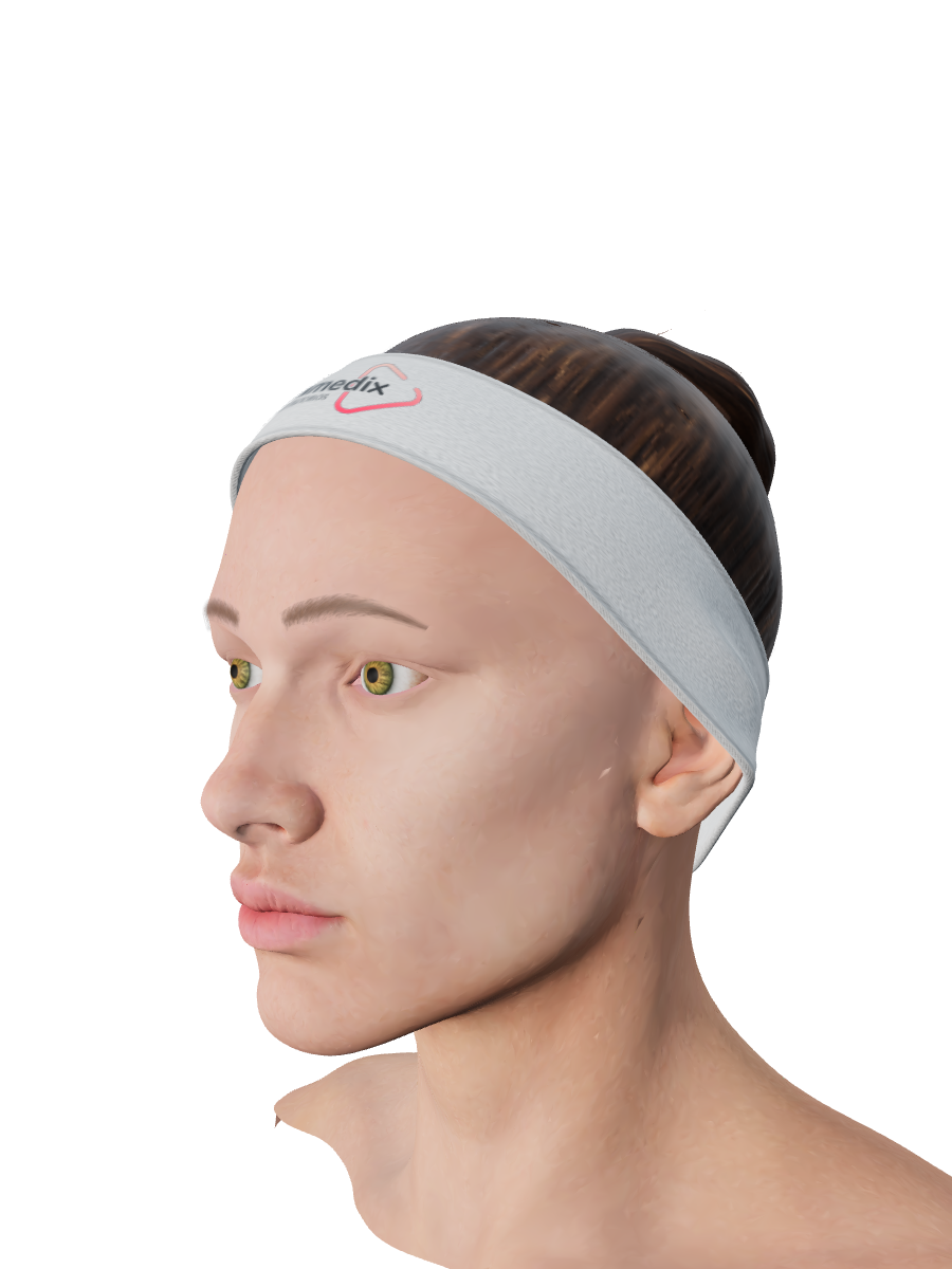 Vista de tres cuartos del modelo facial 3D femenino de Alfacenturi, con la frente y los contornos de la mejilla y la mandíbula.