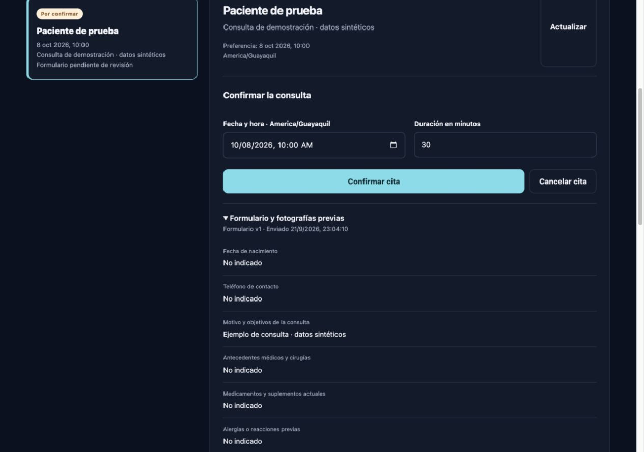 El profesional define fecha, hora y duración antes de confirmar la cita. Los recordatorios requieren el servicio de correo activo y la autorización del paciente.