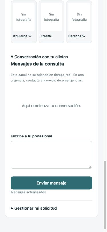 La conversación de la cita ofrece un espacio para escribir a la clínica.