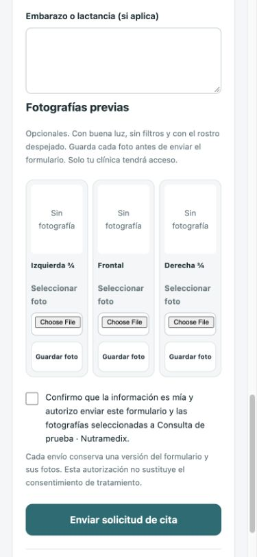 Las fotografías opcionales izquierda, frontal y derecha tienen controles de carga y autorización para compartir.